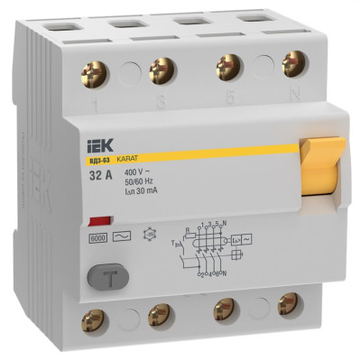 Выключатель дифференциальный (УЗО) IEK KARAT ВД3-63 4P 32А 30мА 6кА тип AC