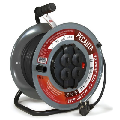 Удлинитель силовой Ресанта на металлической катушке СУ-3x2,5КГ-50/3 (с выкл., 4 розетки, IP44) 61/118/10