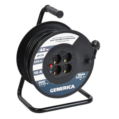 Удлинитель на катушке GENERICA 4х40м 2P+PE 10А УК40 с термозащитой 3х1.0кв.мм