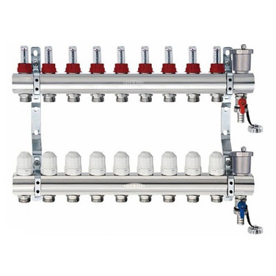 Блок коллекторный Kromwell с термостатическими клапанами и расходомерами 1" 9 выходов 3/4" "евроконус"
