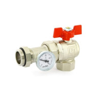 Кран угловой Uni-Fitt НВ 1" с разъёмным соед. и термометром для кол. групп, полнопроходной, бабочка