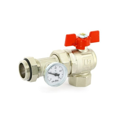 Кран угловой Uni-Fitt НВ 1" с разъёмным соед. и термометром для кол. групп, полнопроходной, бабочка