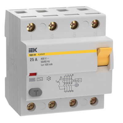 Выключатель дифференциальный (УЗО) IEK KARAT ВД3-63 4P 25А 100мА 6кА тип AC
