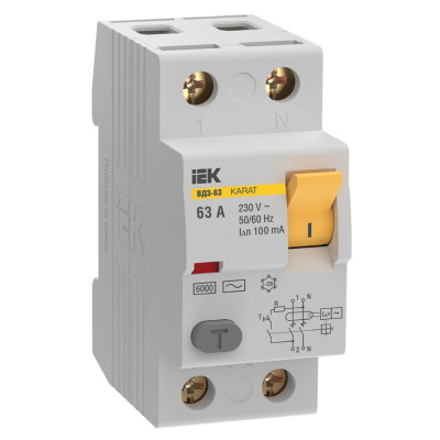 Выключатель дифференциальный (УЗО) IEK KARAT ВД3-63 2P 63А 100мА 6кА тип AC