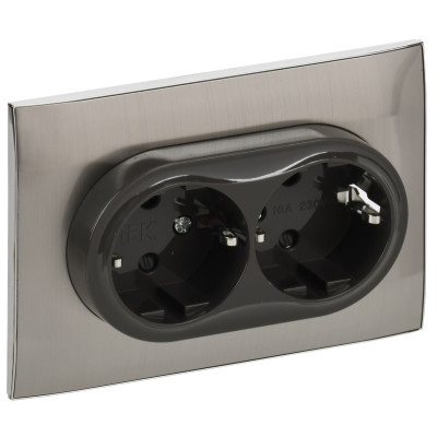SKANDY Розетка 2-местная с заземлением с защитными шторками 16А в сборе SK-R07N металл никель IEK
