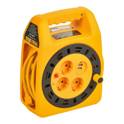 Удлинитель на катушке IEK Industrial 3х15м с заземление УК15 2P+PE 3х1.5кв.мм USBх2 LED термозащита