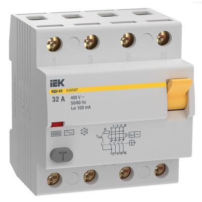 Выключатель дифференциальный (УЗО) IEK KARAT ВД3-63 4P 32А 100мА 6кА тип AC