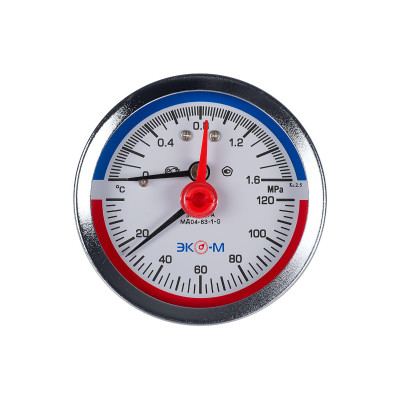 Термоманометр Экомера МД04-63мм 0..1,6МПа 0..120С G1\4 с переходником на G1\2 Осевой