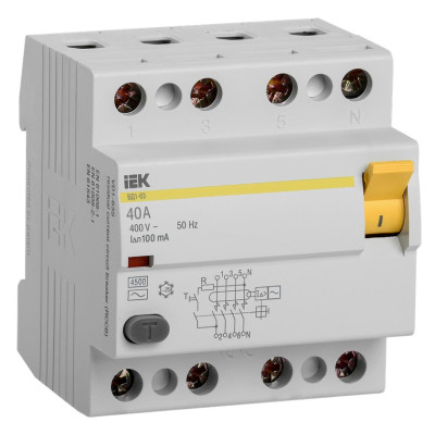 Выключатель дифференциальный (УЗО) IEK ВД1-63 4Р 40А 100мА