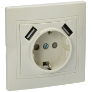 KVARTA Розетка 1-местная РЮш10-1-ККм с заземляющим контактом и защитными шторками 16А USBх2 2,1А кремовый IEK