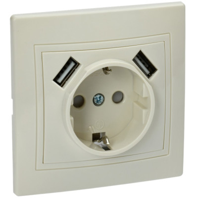 KVARTA Розетка 1-местная РЮш10-1-ККм с заземляющим контактом и защитными шторками 16А USBх2 2,1А кремовый IEK