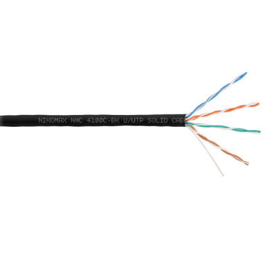 Кабель NIKOMAX U/UTP 4 пары, Кат.5e (Класс D), тест по ISO/IEC, 100МГц, одножильный, BC (чистая медь), 24AWG (0,51мм), полимерный материал нг(А)-HF, внутренний/внешний, черный, 305м