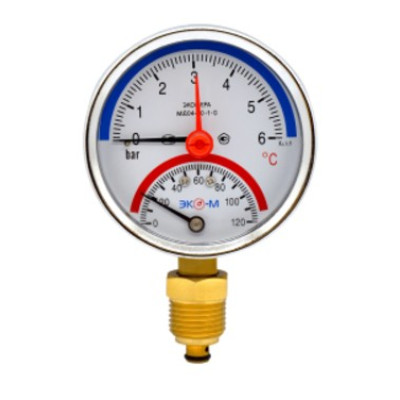 Термоманометр Экомера МД04-80мм 0..6бар 0..120С G1\4 с переходником на G1\2