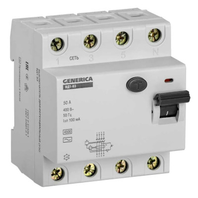 Дифференциальный выключатель IEK GENERICA УЗО ВД1-63 4Р 50А 100мА