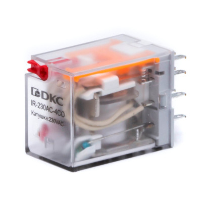 Реле DKC миниатюрное промышленное общего назначения 4CO ком. ток 6А AgSnO2 напряжение 230V AC опция: тест-кнопка+светодиод