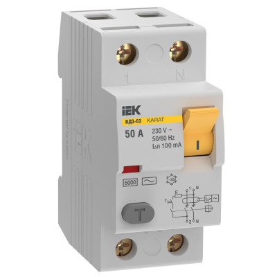 Выключатель дифференциальный (УЗО) IEK KARAT ВД3-63 2P 50А 100мА 6кА тип AC