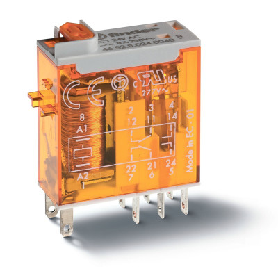 Реле миниатюрное Finder промышленное электромеханич. монтаж в розетку или наконечники Faston (2.5х0.5мм) 2CO 8А AgNi 230В AC влагозащ. RTII опции: кнопка тест + мех. индикатор