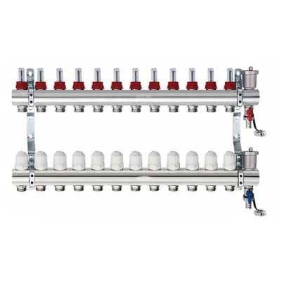 Блок коллекторный Kromwell с термостатическими клапанами и расходомерами 1" 12 выходов 3/4" "евроконус"