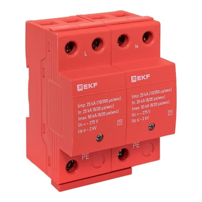 Устройство защиты от импульсных перенапряжений класс EKF 1 Iimp 25кА (10/350мкс) 1P