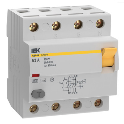Выключатель дифференциальный (УЗО) IEK KARAT ВД3-63 4P 63А 100мА 6кА тип AC