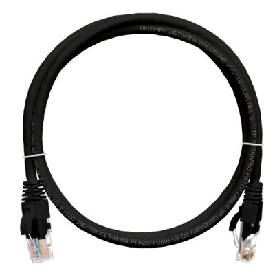 Коммутационный шнур NIKOMAX U/UTP 4 пары, Кат.5е (Класс D), 100МГц, 2хRJ45/8P8C, T568B, заливной, с защитой защелки, многожильный, BC (чистая медь), 24AWG (7х0,205мм), PVC нг(А), черный, 0,5м