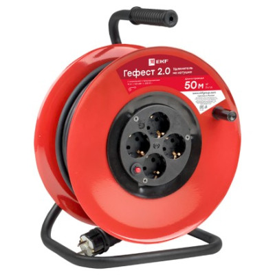 Удлинитель на катушке EKF PROxima Гефест 2.0 4 гнезда 50м с заземлением и предохранителем КГ 3*1,5 16А/3,5кВт