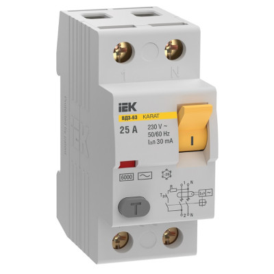 Выключатель дифференциальный (УЗО) IEK KARAT ВД3-63 2P 25А 30мА 6кА тип AC
