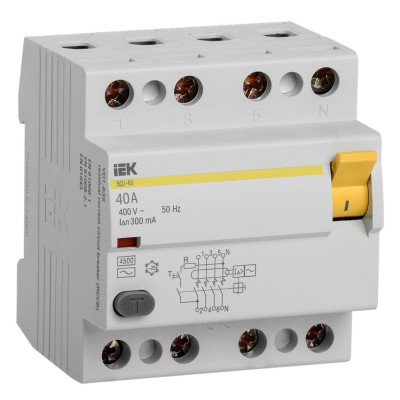 Выключатель дифференциальный (УЗО) IEK ВД1-63 4Р 40А 300мА