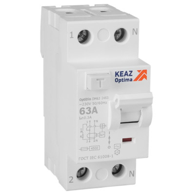 Выключатель дифференциального тока (УЗО) КЭАЗ OptiDin DM63-2463-AC-4,5-УХЛ4 без защиты от сверхтоков 2П 63А 300мА AС 4,5кА