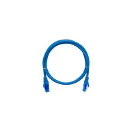 Коммутационный шнур NIKOMAX U/UTP 4 пары, Кат.6 (Класс E), 250МГц, 2хRJ45/8P8C, T568B, заливной, с защитой защелки, многожильный, BC (чистая медь), 24AWG (7х0,205мм), LSZH нг(А)-HFLTx, синий, 1м