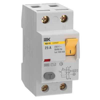 Выключатель дифференциальный (УЗО) IEK KARAT ВД3-63 2P 25А 100мА 6кА тип AC