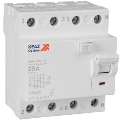Выключатель дифференциального тока (УЗО) КЭАЗ OptiDin DM63-4225-AC-4,5-УХЛ4 без защиты от сверхтоков 4П 25А 30мА AС 4,5кА