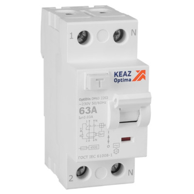 Выключатель дифференциального тока (УЗО) КЭАЗ OptiDin DM63-2263-AC-4,5-УХЛ4 без защиты от сверхтоков 2П 63А 30мА AС 4,5кА