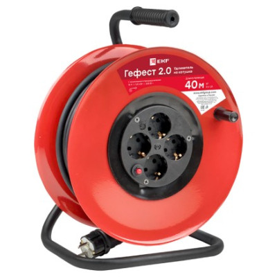 Удлинитель на катушке EKF PROxima Гефест 2.0 4 гнезда 40м с заземлением и предохранителем КГ 3*1,5 16А 3,5кВт
