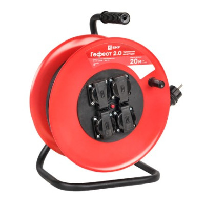 Удлинитель на катушке EKF PROxima Гефест 2.0 4 гнезда 20м с заземлением и предохранителем КГ 3*2,5 16А 3,5кВт IP44