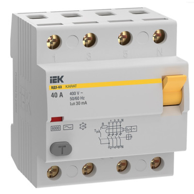 Выключатель дифференциальный (УЗО) IEK KARAT ВД3-63 4P 40А 30мА 6кА тип AC