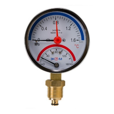 Термоманометр Экомера МД04-80мм 0..1,6МПа 0..160С G1\4 с переходником на G1\2