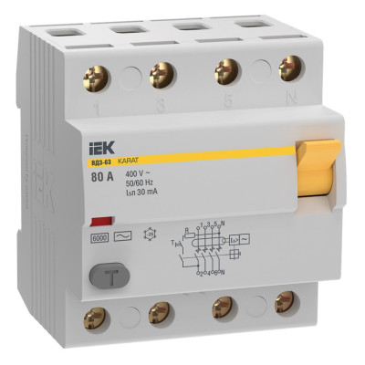 Выключатель дифференциальный (УЗО) IEK KARAT ВД3-63 4P 80А 30мА 6кА тип AC