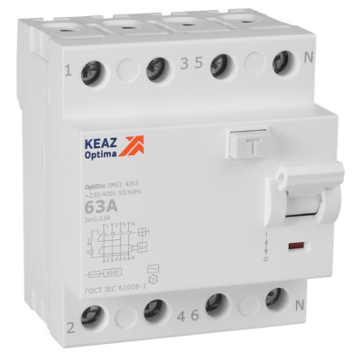 Выключатель дифференциального тока (УЗО) КЭАЗ OptiDin DM63-4263-AC-4,5-УХЛ4 без защиты от сверхтоков 4П 63А 30мА AС 4,5кА