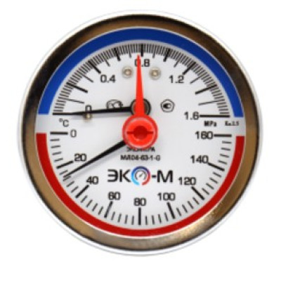 Термоманометр Экомера МД04-63мм 0..1,6МПа 0..160С G1\4 с переходником на G1\2 Осевой