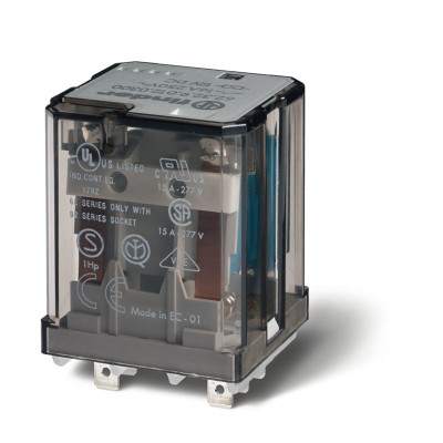 Реле силовое Finder электромеханич. монтаж в розетку или наконечники Faston 187 (4.8х0.5мм) 2CO 16А AgCdO 24В DC RTI опции: кнопка тест + мех. индикатор