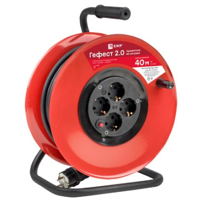 Удлинитель на катушке EKF PROxima Гефест 2.0 4 гнезда 40м с заземлением и предохранителем КГ 3*2,5 16А 3,5кВт