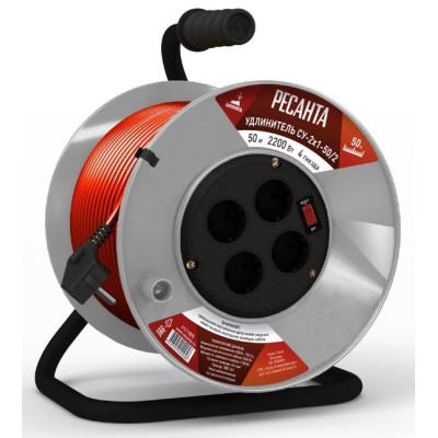 Удлинитель силовой Ресанта на катушке СУ-2х1-50/2 (с выкл., 4 розетки)