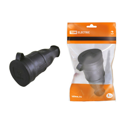 Розетка переносная с заглушкой TDM ELECTRIC 2Р+РЕ 16А 250В IP44 каучук