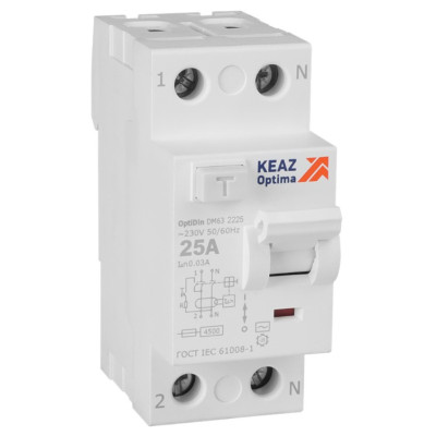 Выключатель дифференциального тока (УЗО) КЭАЗ OptiDin DM63-2225-AC-4,5-УХЛ4 без защиты от сверхтоков 2П 25А 30мА AС 4,5кА