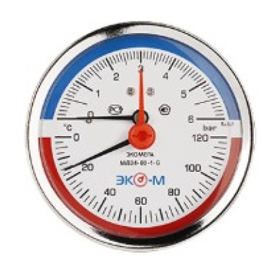 Термоманометр Экомера МД04-80мм 0..6бар 0..120С G1\4 с переходником на G1\2 Осевой