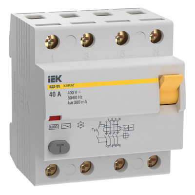 Выключатель дифференциальный (УЗО) IEK KARAT ВД3-63 4P 40А 300мА 6кА тип AC