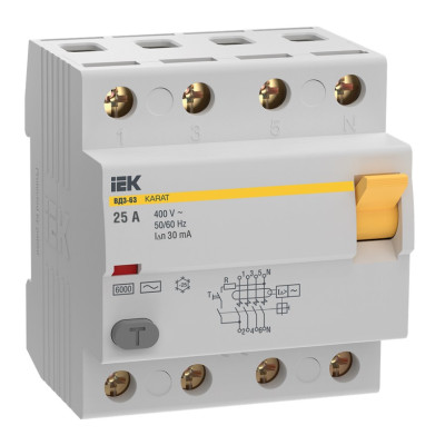 Выключатель дифференциальный (УЗО) IEK KARAT ВД3-63 4P 25А 30мА 6кА тип AC