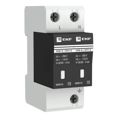 Ограничитель импульсных напряжений EKF ОПВ-D/2P In 5кА 230В (с сигнализацией) (opv-d2)
