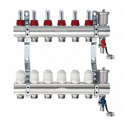 Блок коллекторный Kromwell с термостатическими клапанами и расходомерами 1" 6 выходов 3/4" "евроконус"